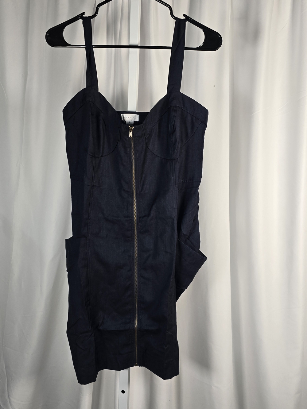 Monteau Navy Blue Zip Front Dress Size Large Pockets Y2K